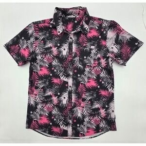 Departwest Mens Hawaiian Style Short Sleeve Button up Pink Black Floral